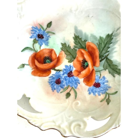 Poppy Bowl Dish Lattice Cut Out Ceramic Plate Vintage Hand Painted Signed 7.5 - Picture 3 of 5